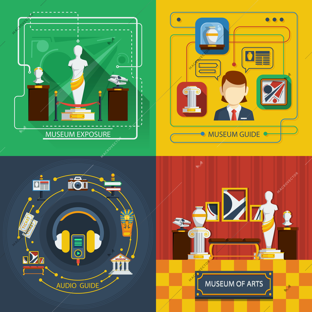 Museum icon composition set with different aspects of museum life in infographic style vector illustration