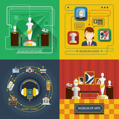 Museum icon composition set with different aspects of museum life in infographic style vector illustration