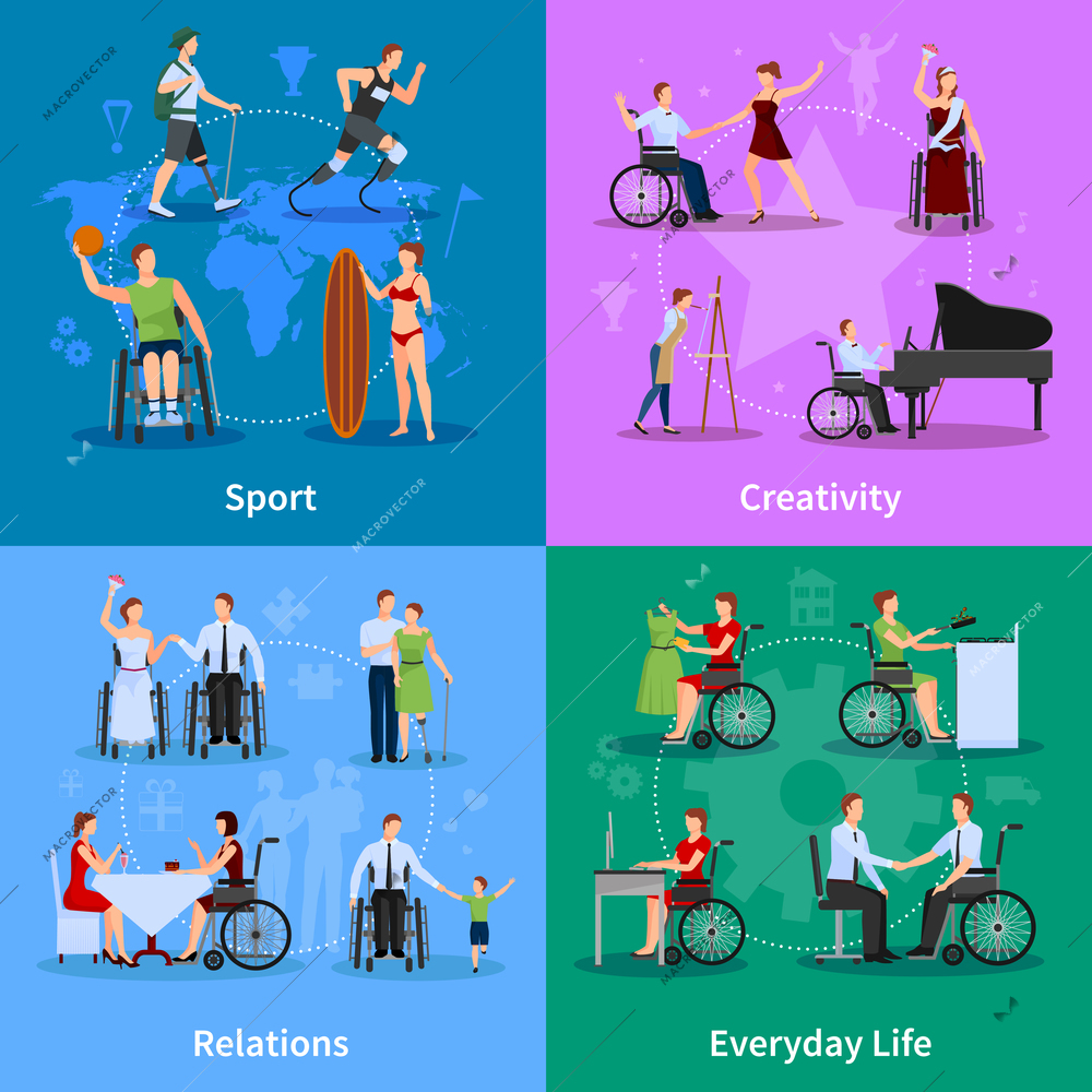 Disabled people active life 4 flat icons square banner with relations and creativity abstract isolated vector illustration