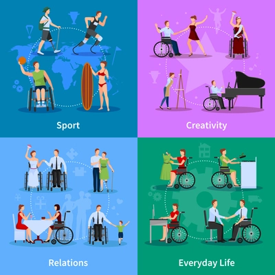 Disabled people active life 4 flat icons square banner with relations and creativity abstract isolated vector illustration