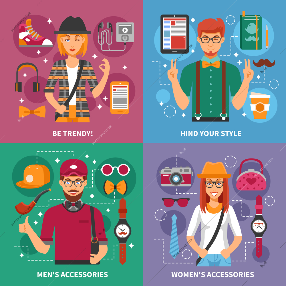 Stylish people concept with avatar of trendy persons and modern or vintage accessories isolated vector illustration