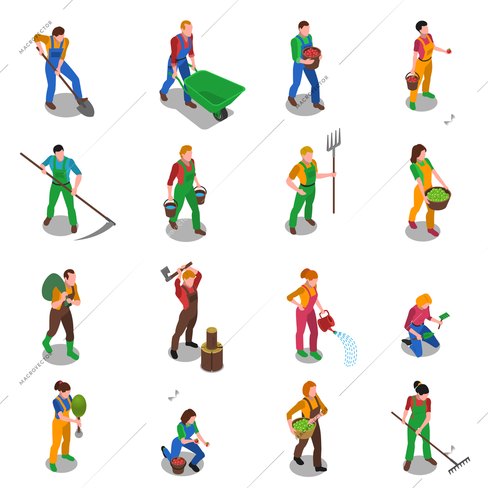 Farmers at work with scythe fork rake and shovel isometric figures icons collection abstract isolated vector illustration