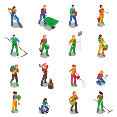 Farmers at work with scythe fork rake and shovel isometric figures icons collection abstract isolated vector illustration