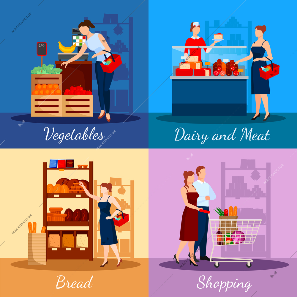 Shopping departments in supermarket with bread dairy and meat products vegetables and fruits isolated vector illustration