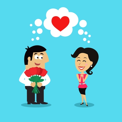 Business life man employee giving girl flowers heart love scene concept vector illustration