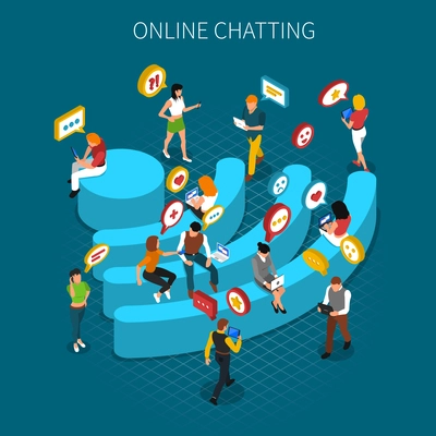 Communication isometric concept with bench shaped wifi emblem and people using internet around vector illustration