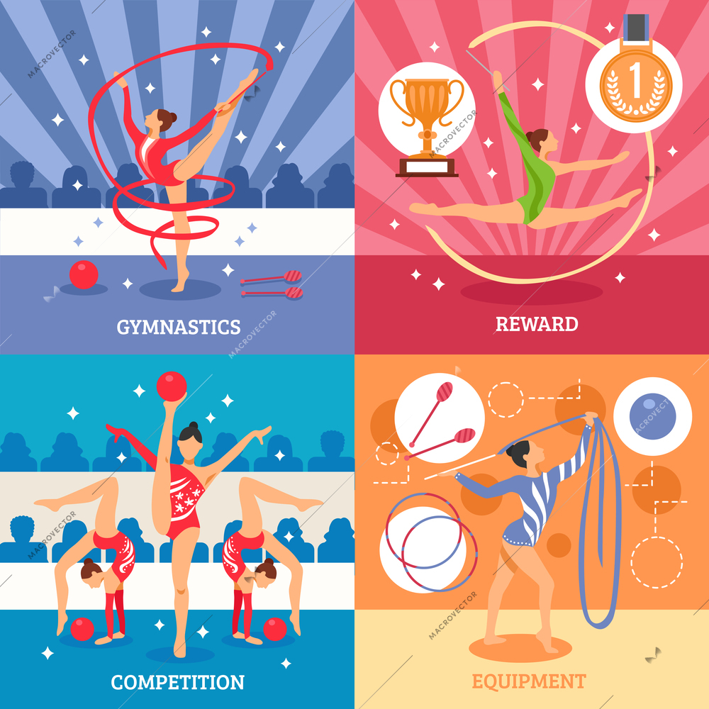 Art gymnastics 2x2 design concept set of competition equipment reward compositions with female athletes flat icons vector illustration