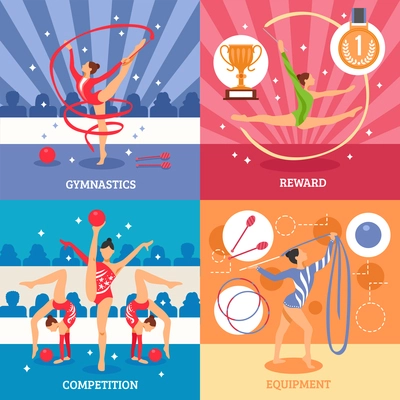 Art gymnastics 2x2 design concept set of competition equipment reward compositions with female athletes flat icons vector illustration