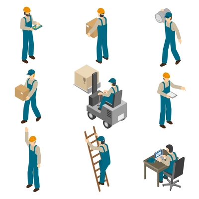 Delivery man in uniform at work carrying boxes and operating forklift isometric icons collection abstract isolated vector illustration