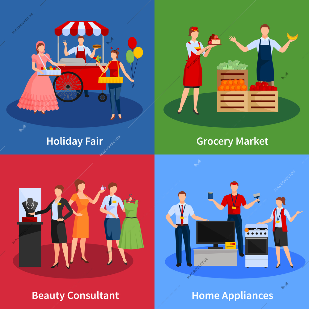 Icons set with vendors providing services for selling clothes fruit vegetables home appliances and holiday fair vector illustration