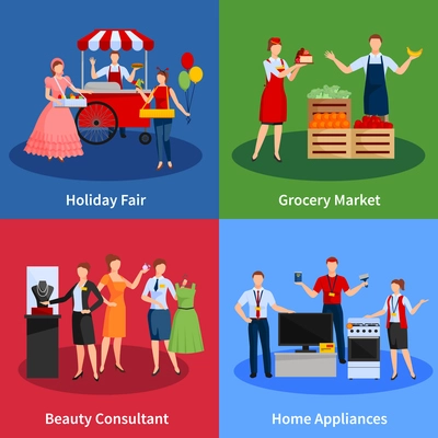 Icons set with vendors providing services for selling clothes fruit vegetables home appliances and holiday fair vector illustration