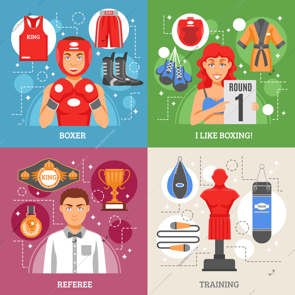 Boxing 2x2 design concept set of manikin for training referee with prizes boxer in helmet and girl in bathing suit with tournament sign vector illustration