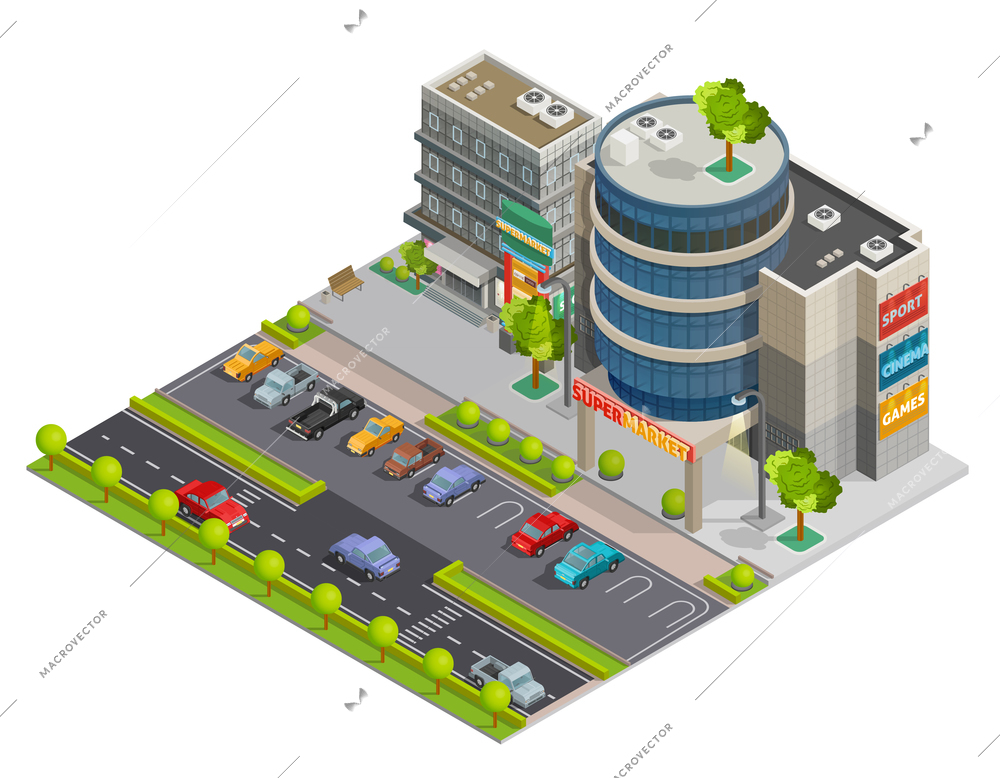 Modern downtown shopping center mall in business district street view with parking lot isometric composition illustration vector