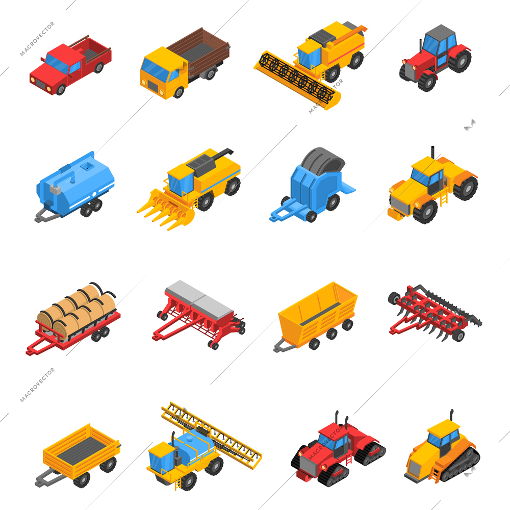 Isometric set with decorative colored isolated icons of agricultural machines and equipment vector illustration