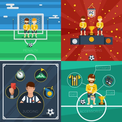 Soccer flat icons composition with game accessories players and judge equipment vector illustration