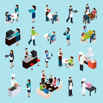 Restaurant cafe bar personnel and customers isometric icons set with waiters attending tables abstract isolated vector illustration