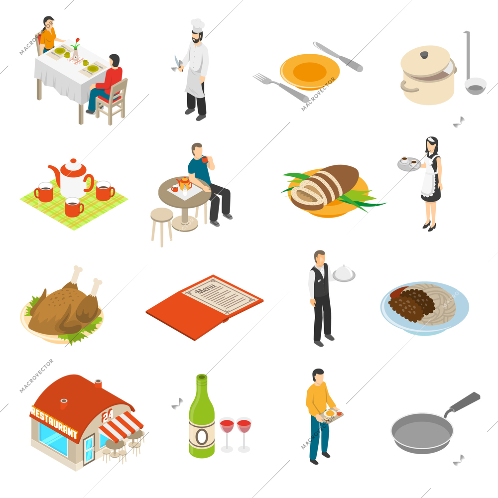 Restaurant cafe bar isometric icons collection with chef waiter and waitress serving customers food isolated vector illustration