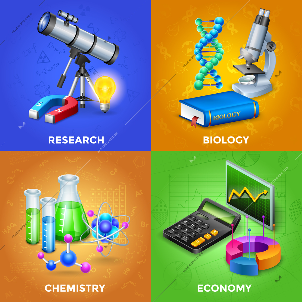 Science 2x2 design concept set with equipment for chemical biological and physical research vector illustration