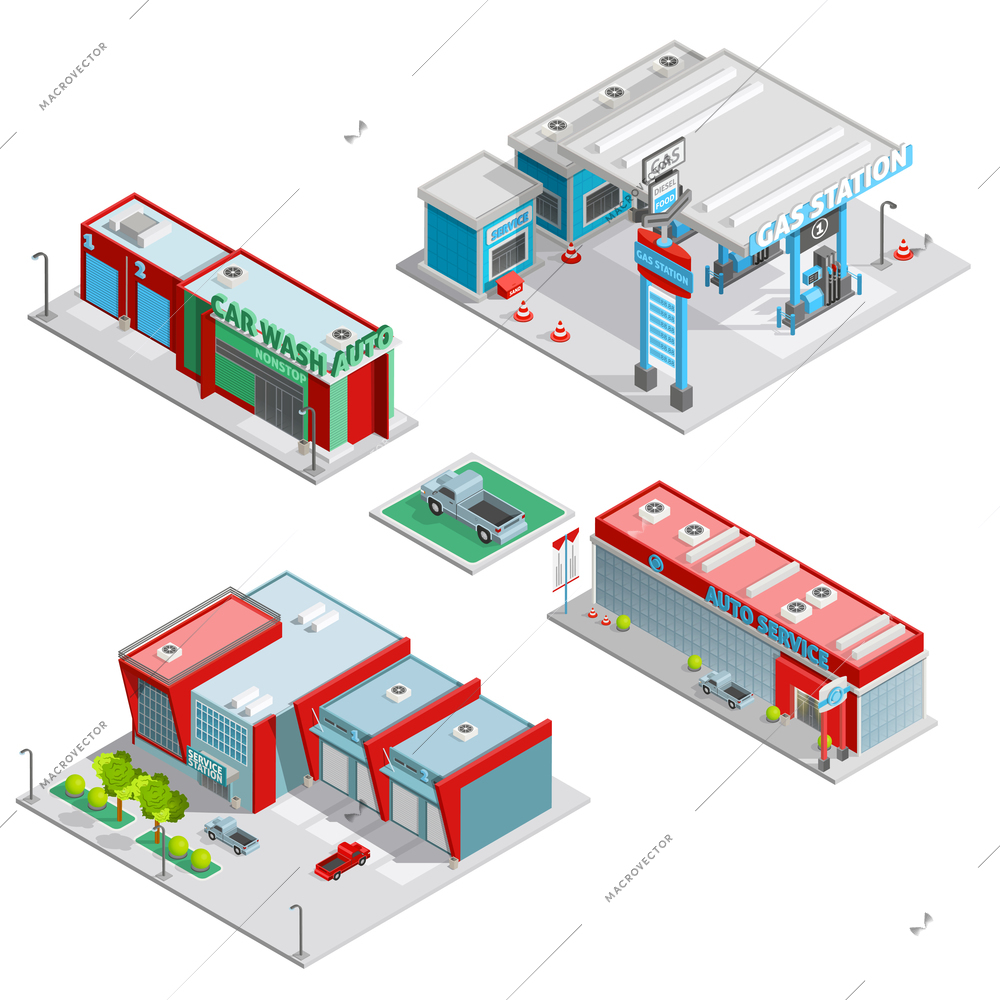 Modern auto service facilities isometric composition with gas station and car wash buildings abstract isolated vector illustration