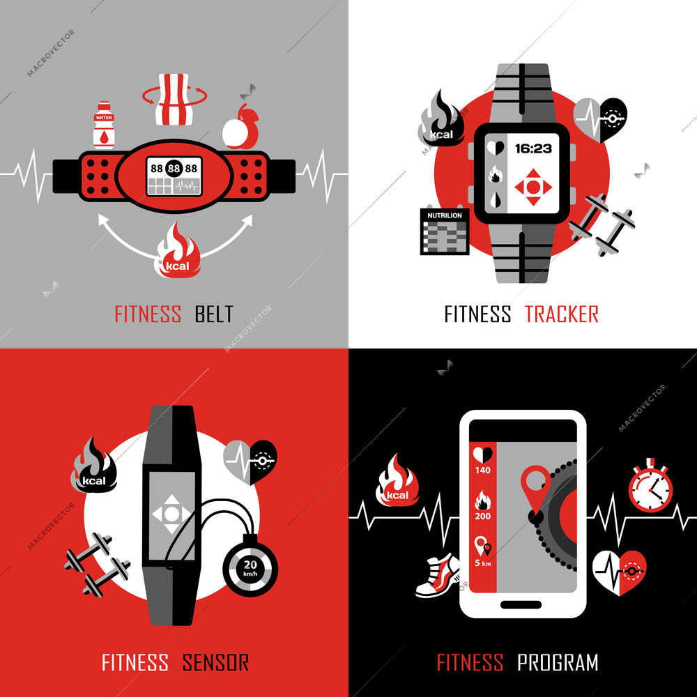 Gadgets for fitness  2x2 design concept set of  fitness tracker fitness belt and smartphone with program for health monitoring flat vector illustration