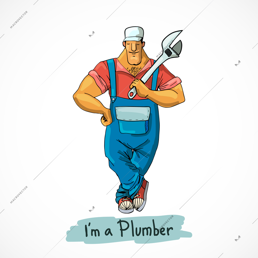 Plumber worker in shirt overall and gumshoes with monkey wrench character vector illustration