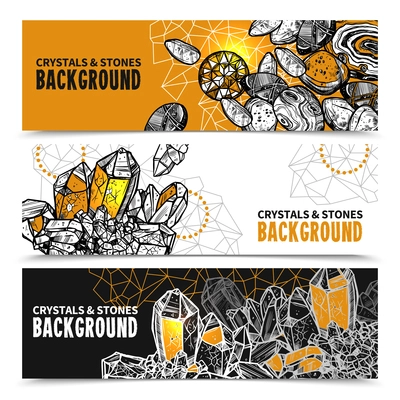 Crystals And Stones Sketch Concept. Crystals And Stones Horizontal Banners. Crystals And Stones Vector Illustration. Crystals Hand Drawn Set. Crystals And Stones Design Symbols.