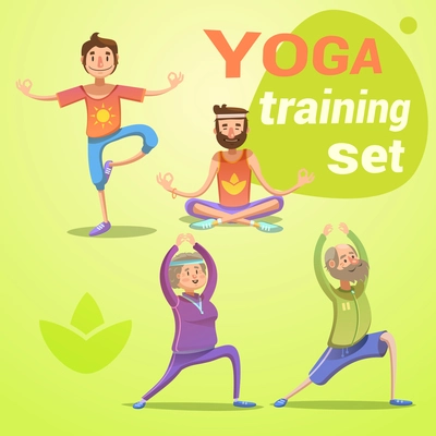 Yoga retro cartoon set with young and seniors in different poses isolated vector illustration