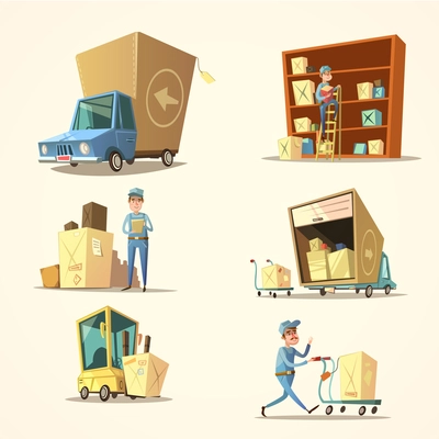 Warehouse concept set with retro cartoon truck and cargo boxes isolated vector illustration