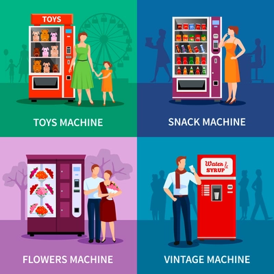 Stylish colorful vending machines with toys flowers snacks water and syrup isolated vector illustration