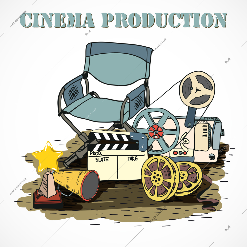 Doodles cinema movie video production poster template with director chair award and clapper decorative poster vector illustration