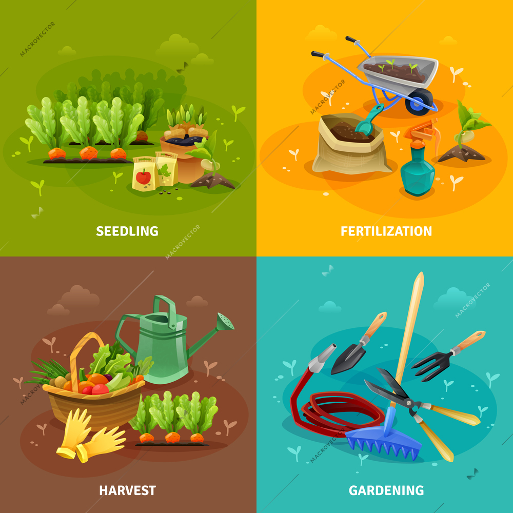 Gardening 2x2 design concept set of seedling and harvest compositions with farm tools for formation of garden beds fertilization and watering vector illustration