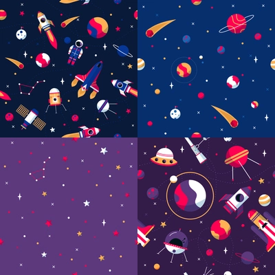 Space seamless patterns samples 4 flat icons square composition with colorful spacecrafts and planets abstract vector illustration