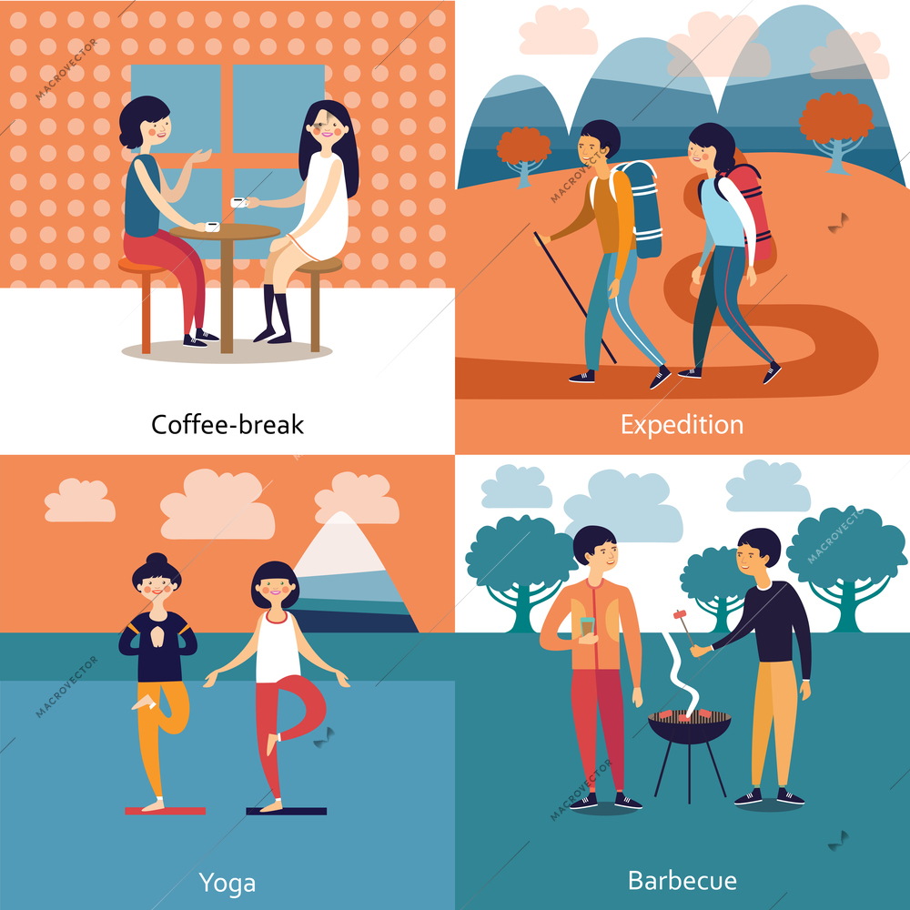 Pastime of friends concept with coffee break barbecue expedition yoga isolated vector illustration