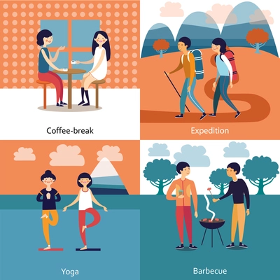 Pastime of friends concept with coffee break barbecue expedition yoga isolated vector illustration