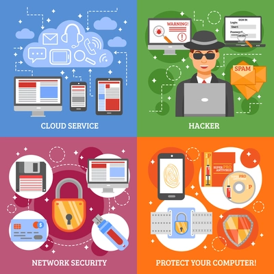 Network security 2x2 design concept set of cloud service computer protection and hacker attack flat vector illustration