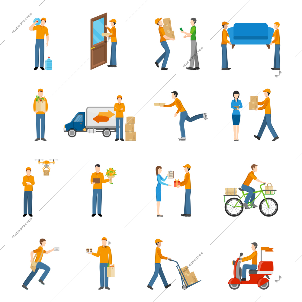 Delivery courier people delivering goods by different types of transport icons set on white background flat isolated vector illustration