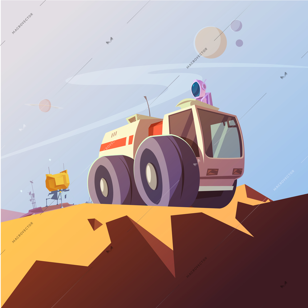 Research vehicle and cosmonaut cartoon background with astronaut equipment vector illustration