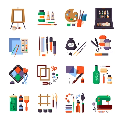 Art tools and materials icon set for painting patchworking sewing equipment vector illustration