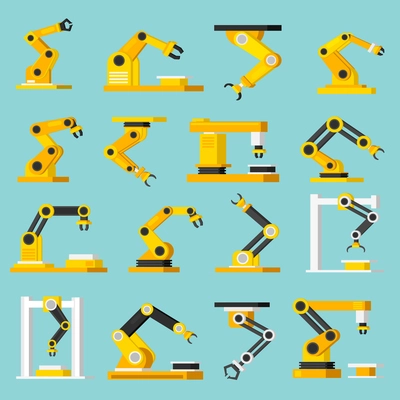 Industrial mechanical automation conveyor robotic hands for manufacture orthogonal flat isolated icons set on light blue background vector illustration