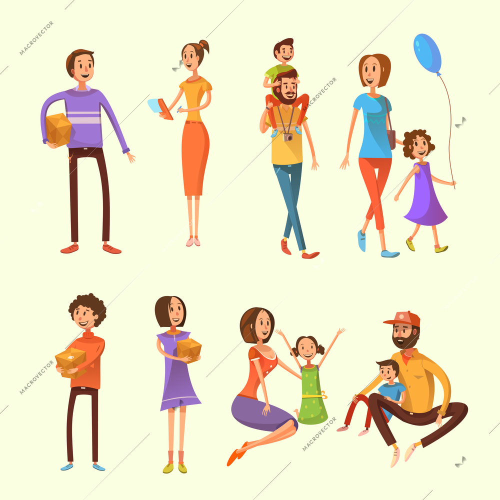 Family and children cartoon set with weekend activities and moving houses symbols on yellow background cartoon isolated vector illustration