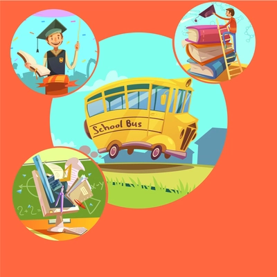 School education concept with retro yellow school bus and learning supplies vector illustration