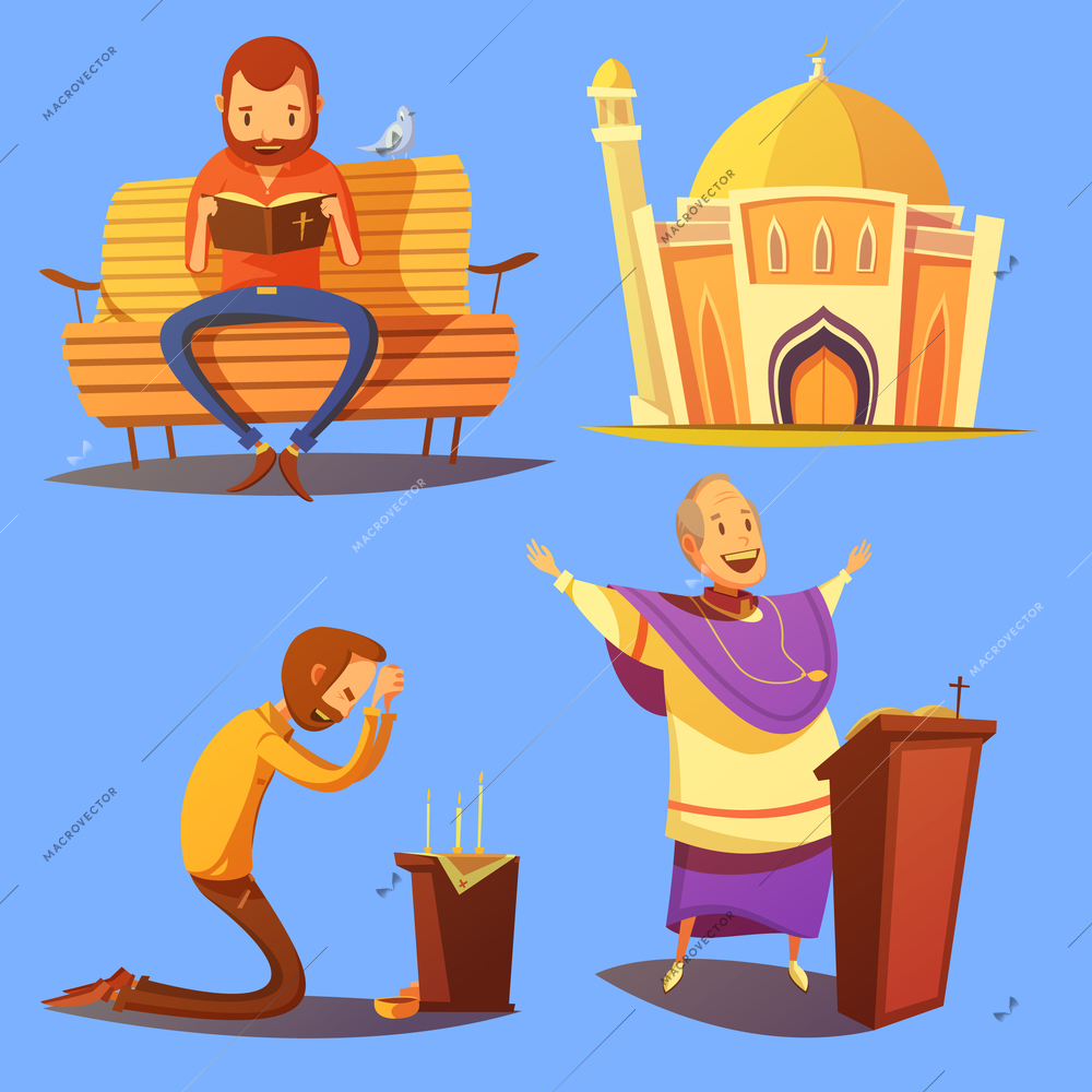Religion cartoon icons set with church and praying symbols on blue background isolated vector illustration