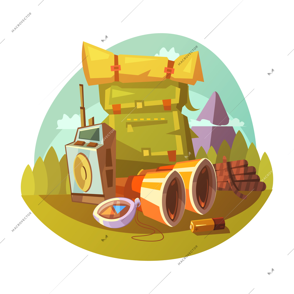 Hiking equipment cartoon concept with rucksack binoculars and compass vector illustration