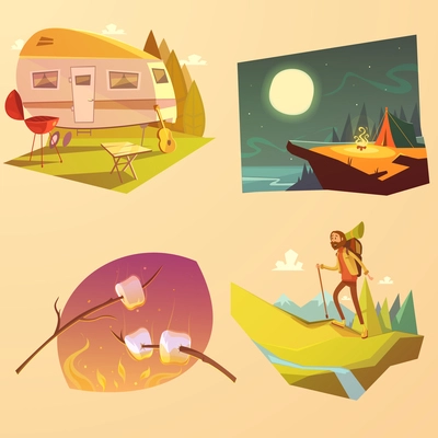 Camping and hiking cartoon set with trailer tent and fire isolated vector illustration