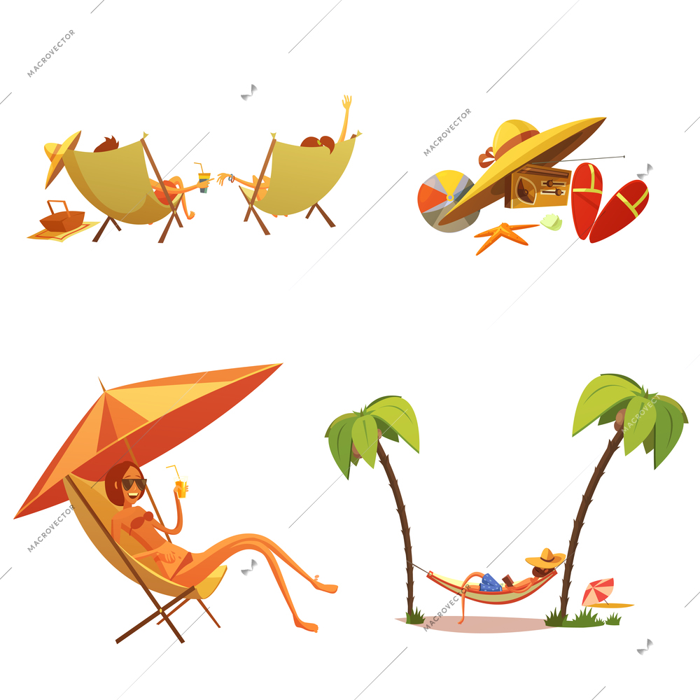 Summer holiday cartoon icons set with chaise lounge and palms isolated vector illustration