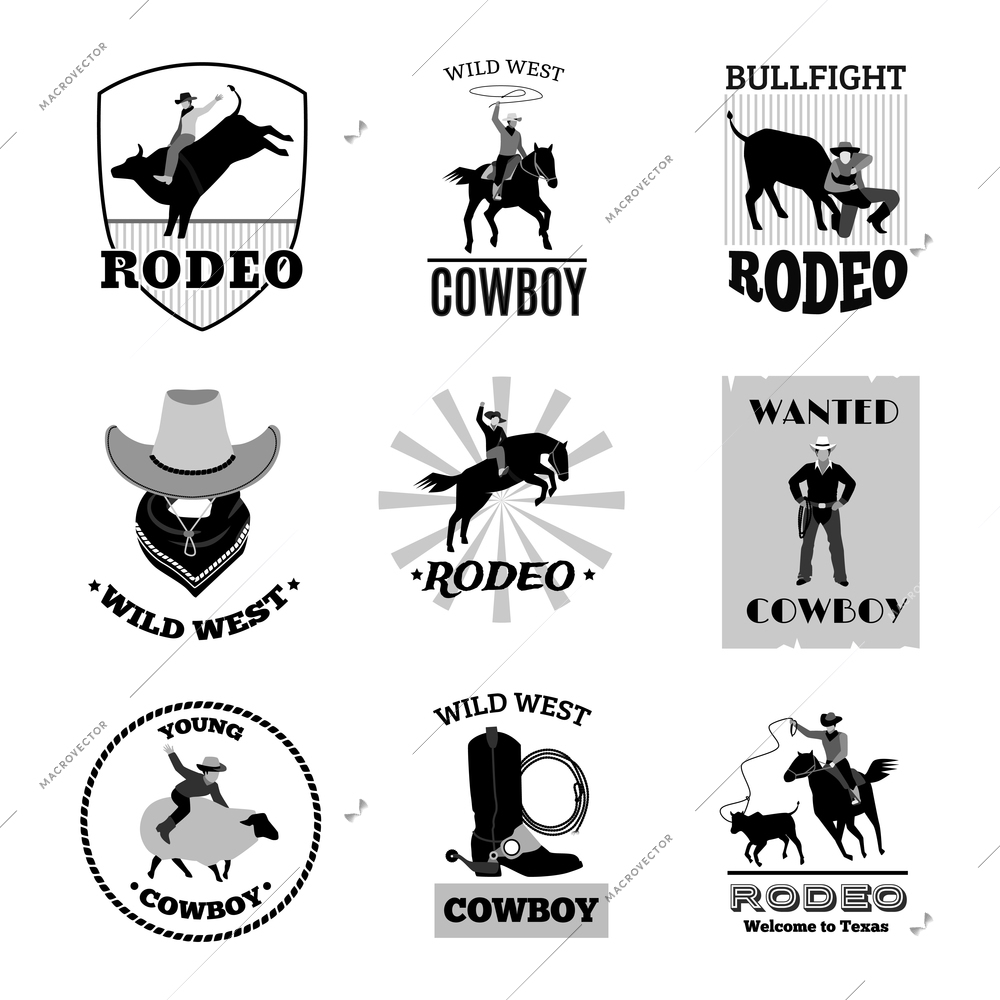 Monochrome black emblems set of cowboy rodeo games like bullfight or mustang ride flat isolated vector illustrations