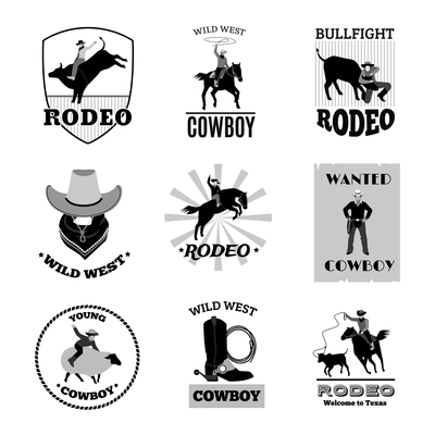 Monochrome black emblems set of cowboy rodeo games like bullfight or mustang ride flat isolated vector illustrations