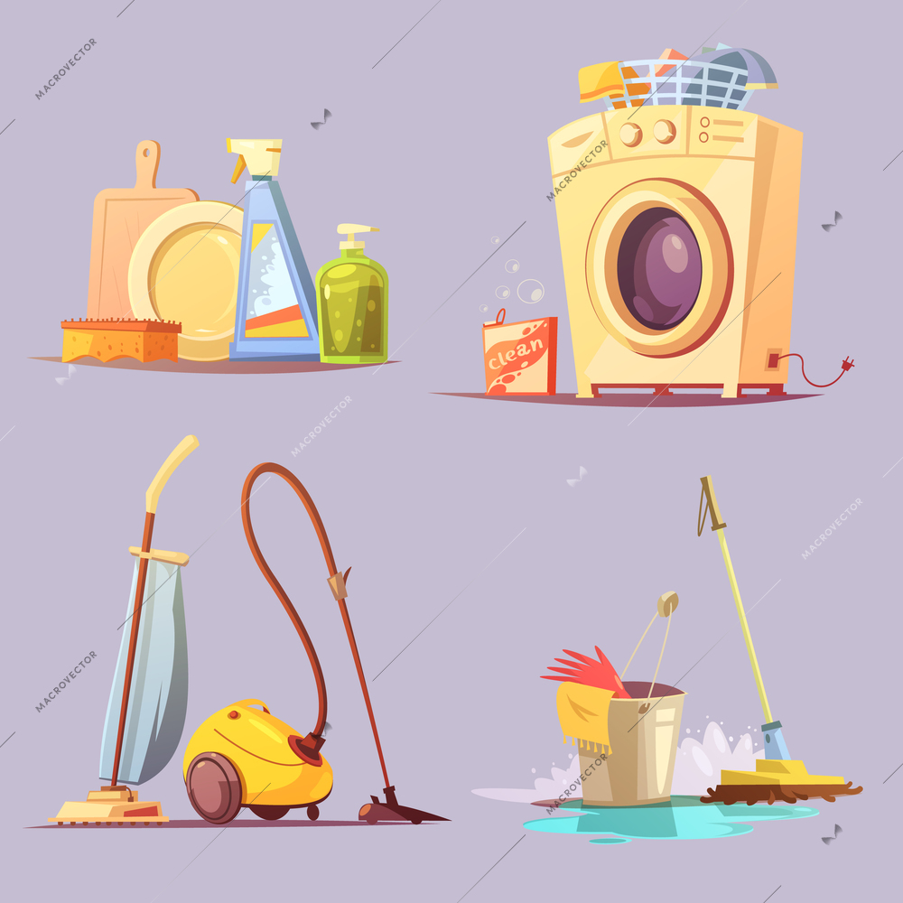 House apartments cleaning janitor services cartoon retro style 4 icons set with washing machine abstract vector illustration