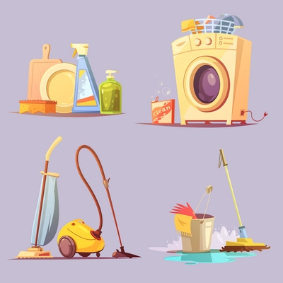 House apartments cleaning janitor services cartoon retro style 4 icons set with washing machine abstract vector illustration