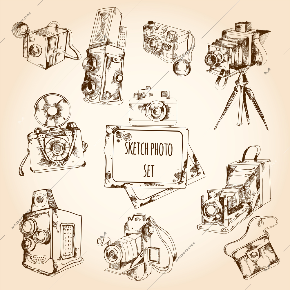 Sketch retro style photo set with camera and photography equipment isolated vector illustration